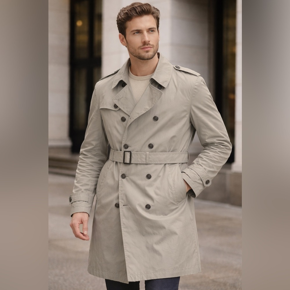 Vintage Adams Row Mens Size 40R Lined Khaki Belted Trench Coat